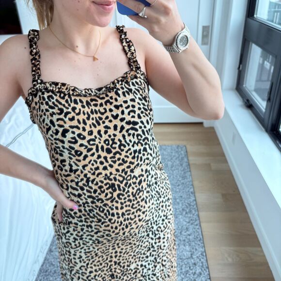 Faithfull The Brand Sleeveless Ruffle Trim Leopard Print Noemie Midi Dress 4 - Picture 2 of 9